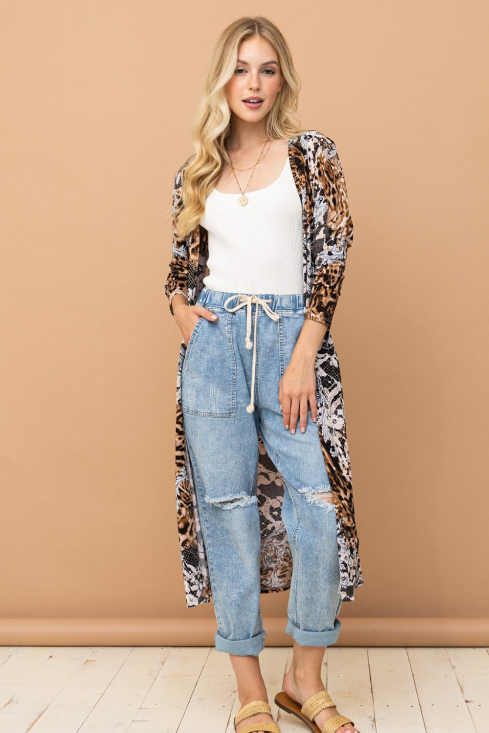 Leopard kimono open front longline cardigan, front view