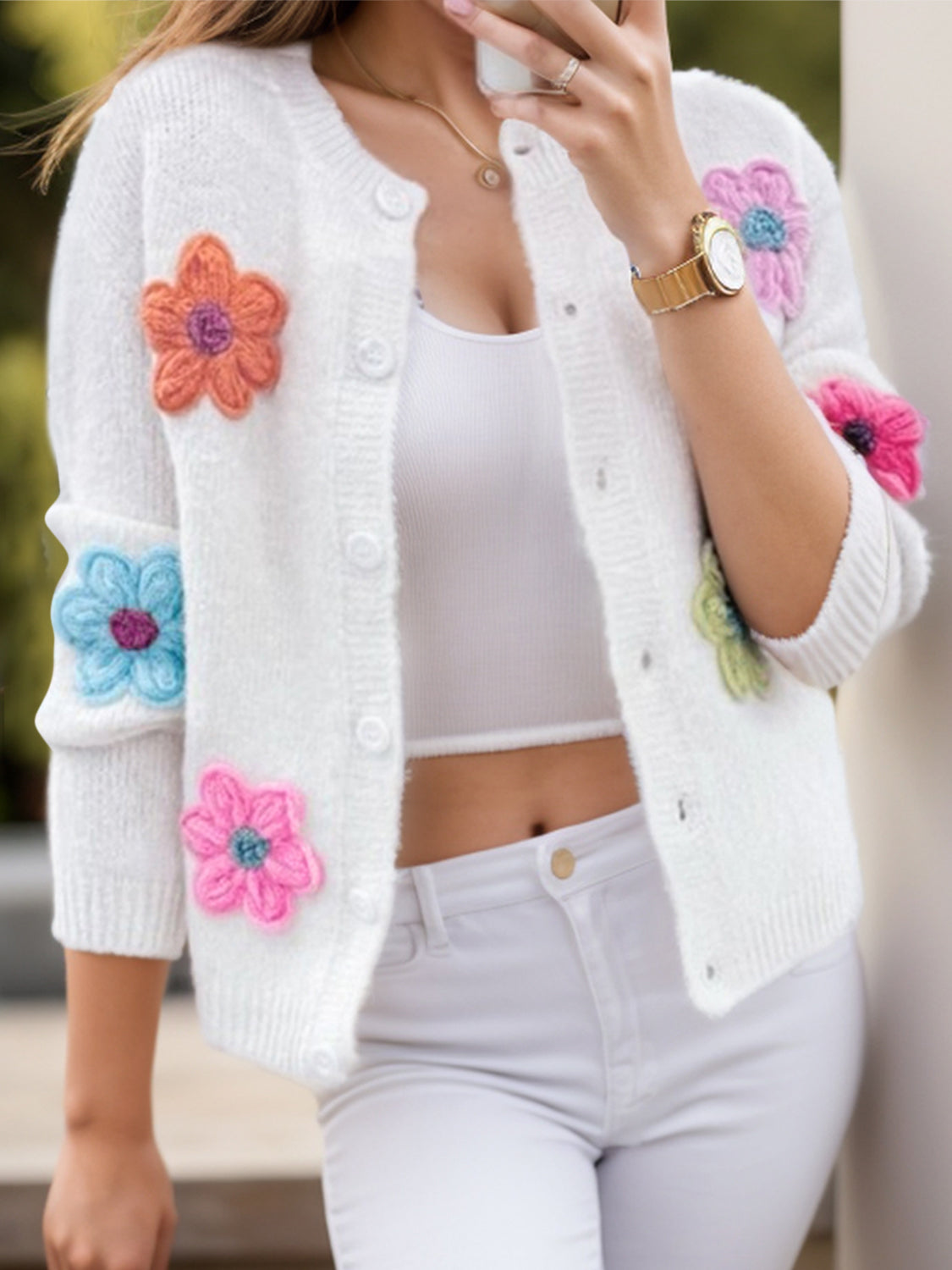 White flower dropped shoulder long sleeve cardigan