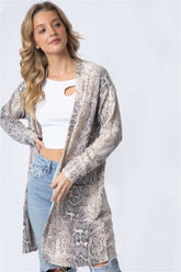 Animal print flannel longline cardigan, open front view