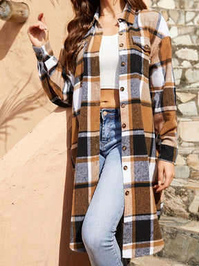 Plaid collared neck long sleeve jacket, front view