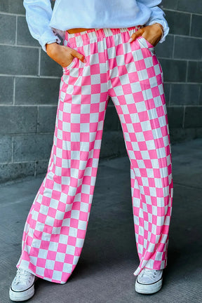 Pink and white checkered wide leg pants