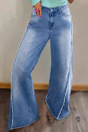 Raw hem wide leg jeans with pockets, front view.