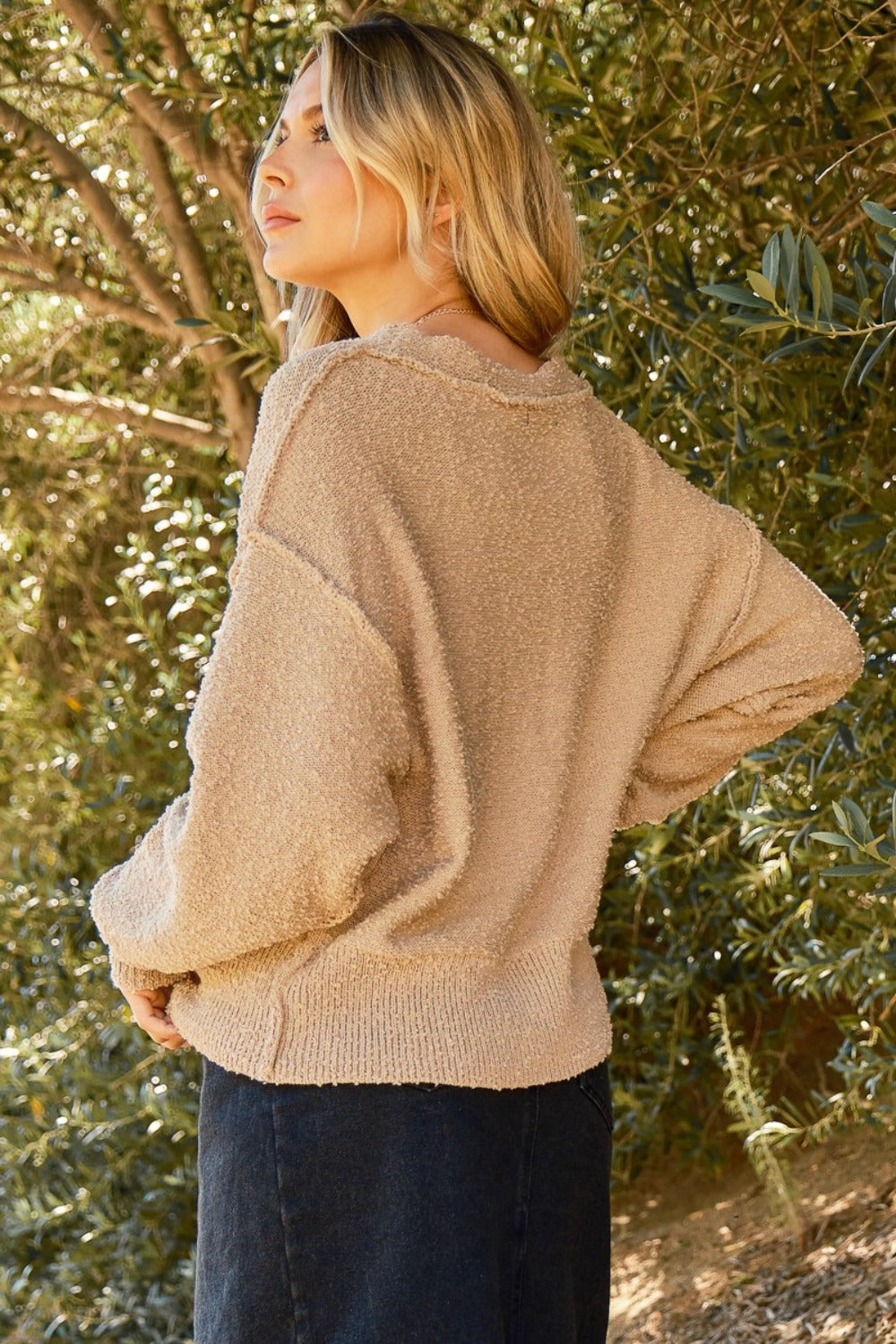 Back view of taupe popcorn sweater cardigan