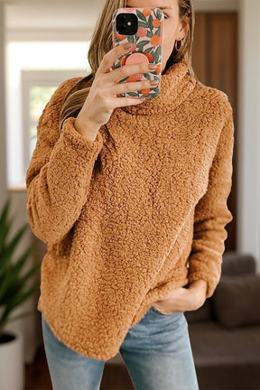 Caramel fuzzy turtleneck long sleeve sweatshirt front view