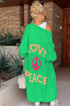 Green long sleeve cardigan with love and peace design