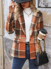 Plaid button down blazer with lapel collar, front view