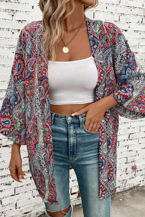 Boho printed open front long sleeve cover up, deep red.