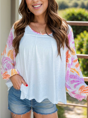 Printed round neck long sleeve blouse with colorful sleeves