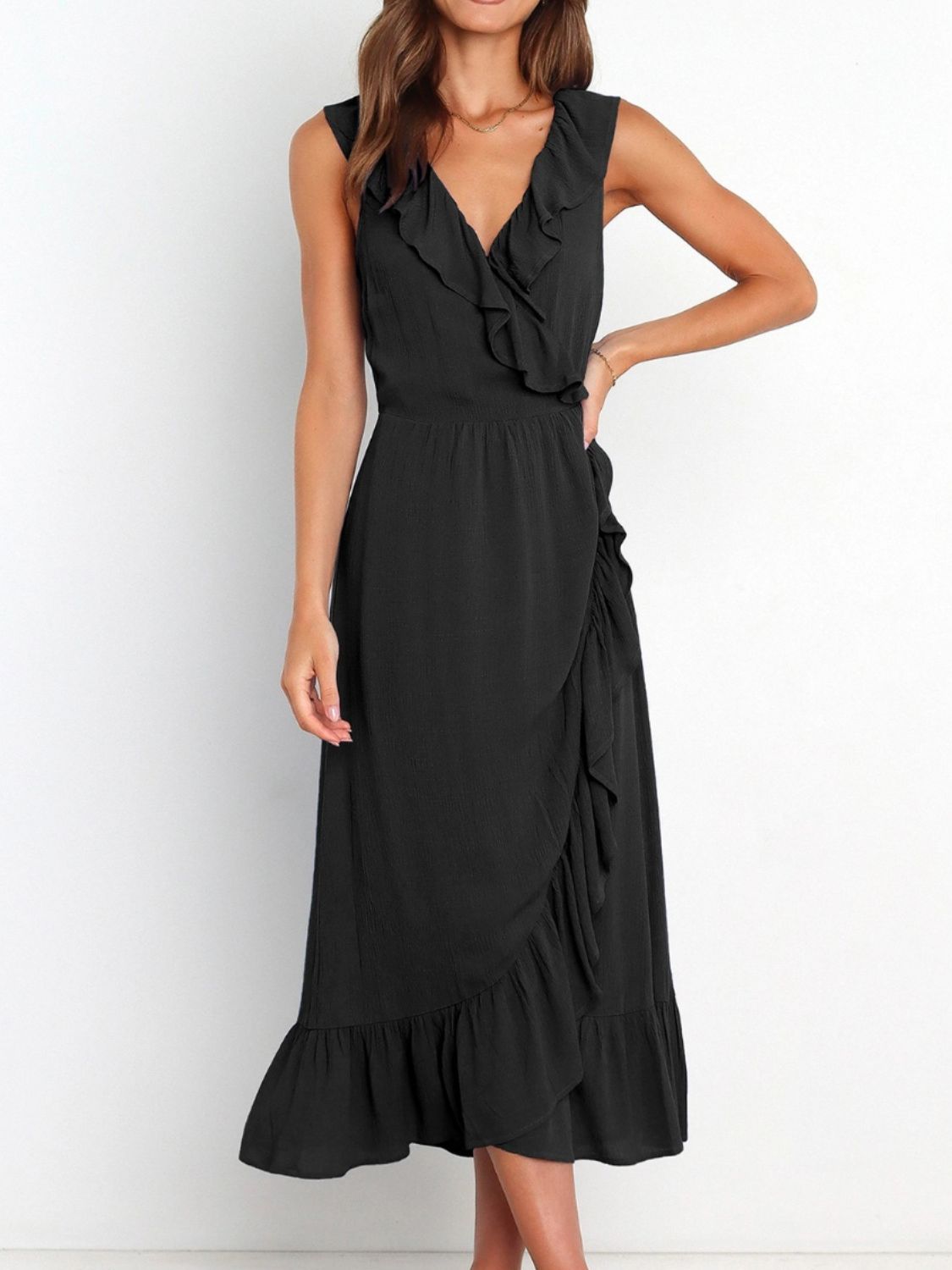 Black ruffled surplice sleeveless midi dress front view