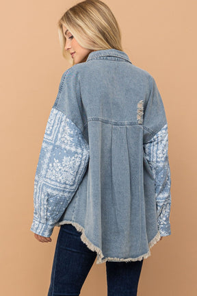 Paisley print quilted sleeves denim jacket, back view