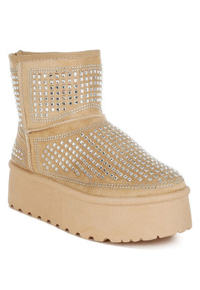 Beige chunky rhinestone ankle boots with platform sole