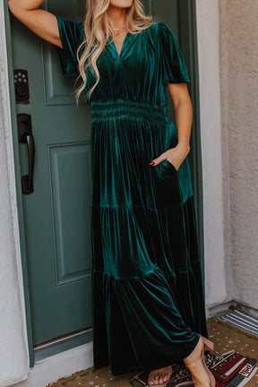 Velvet tiered notched short sleeve dress in emerald green with pockets