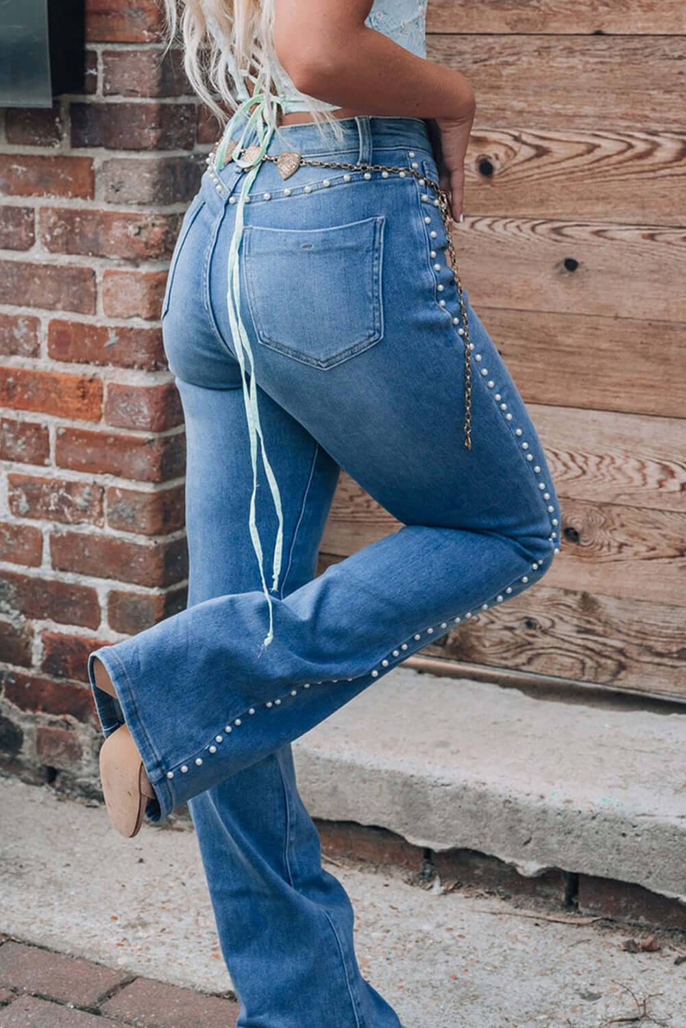 Pearl Trim High Waist wide leg Jeans