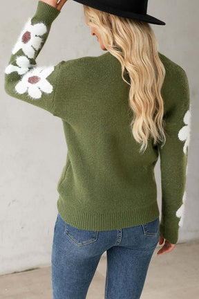 Back view of green flower round neck sweater