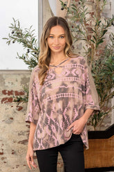 Aztec distress print crisscross top, front view