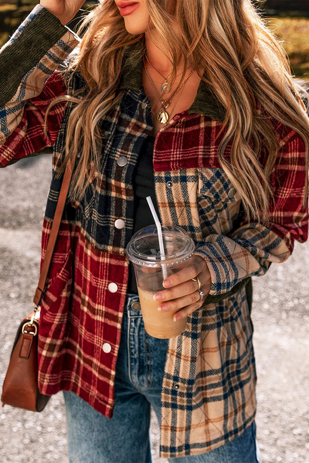 Plaid button-up long sleeve jacket with coffee