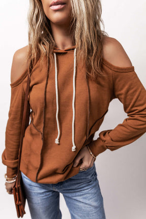 Brown cold shoulder long sleeve hoodie, front view