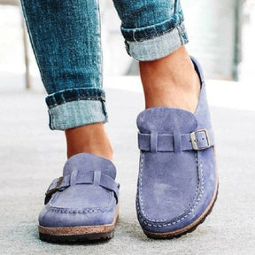 Blue round toe low heel buckle loafers