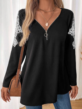 Black lace detail quarter zip long sleeve top, front view