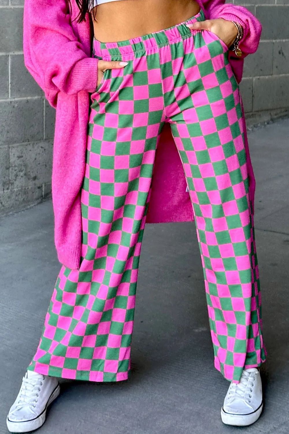 Pink and green checkered wide leg pants