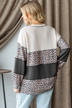 Back view of Heimish color block long sleeve top