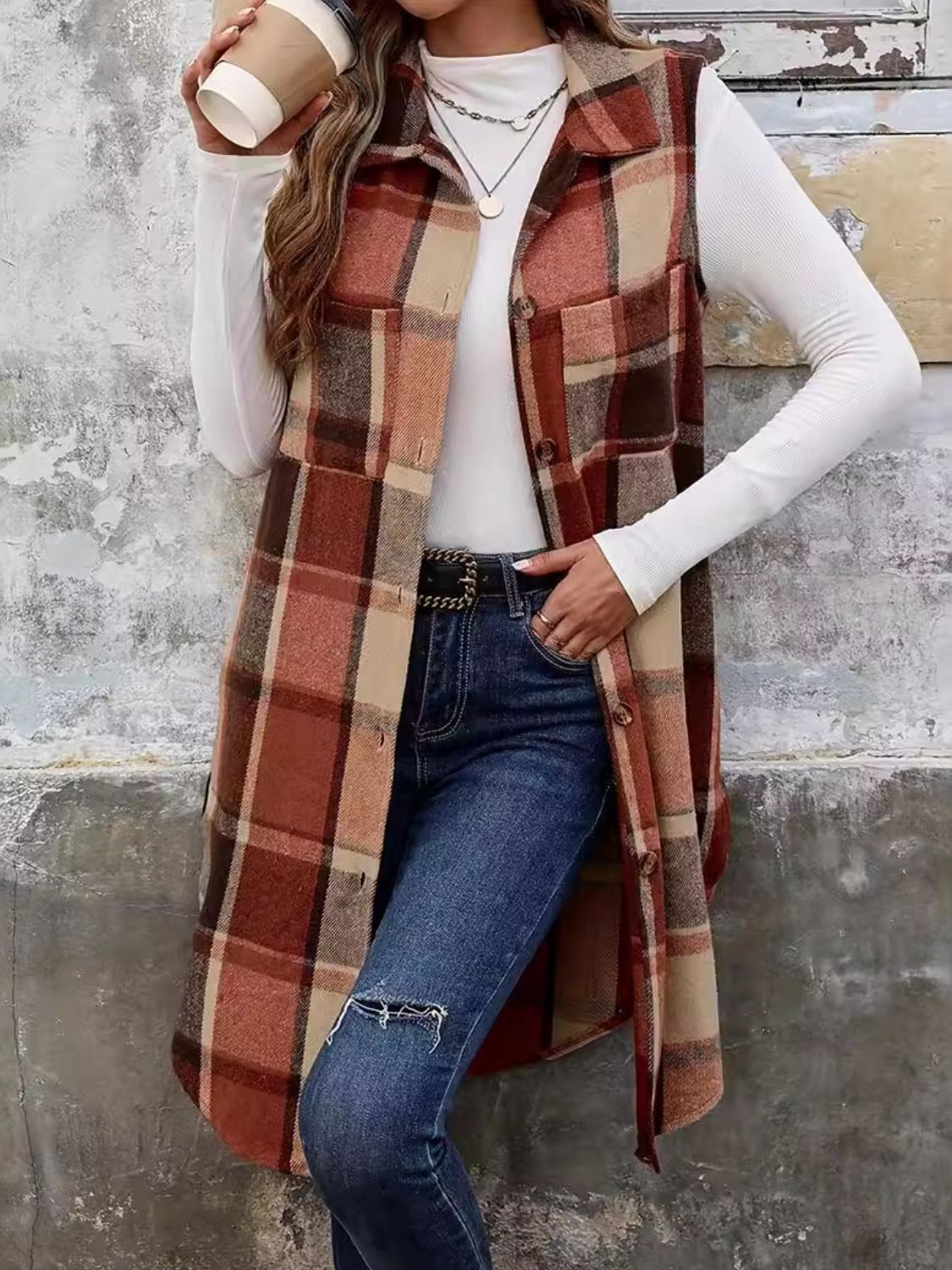 Stylish plaid button up vest coat front view