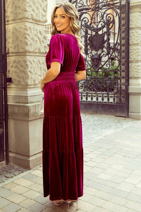 Back view of velvet tiered notched short sleeve dress in deep red