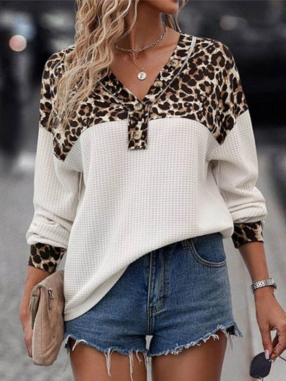 Leopard V-Neck Long Sleeve T-Shirt, front view