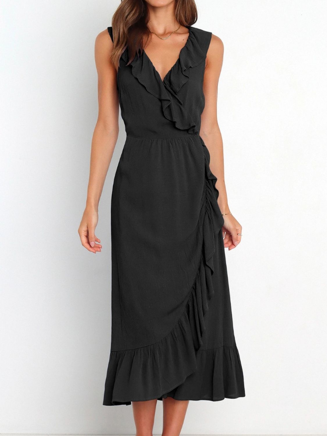 Black ruffled surplice sleeveless midi dress front view