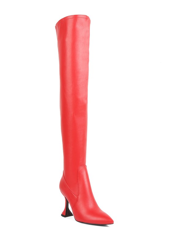 Red over the knee high heeled boot