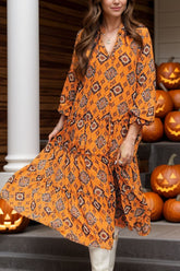 Frill printed tie neck long sleeve dress in orange, front view