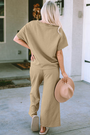 Camel short sleeve top and pants set, back view