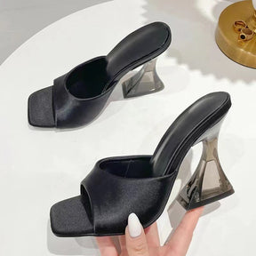 Black high heel sandals with transparent block heel