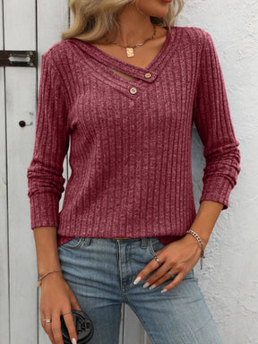 Red ribbed V-neck long sleeve T-shirt with buttons.