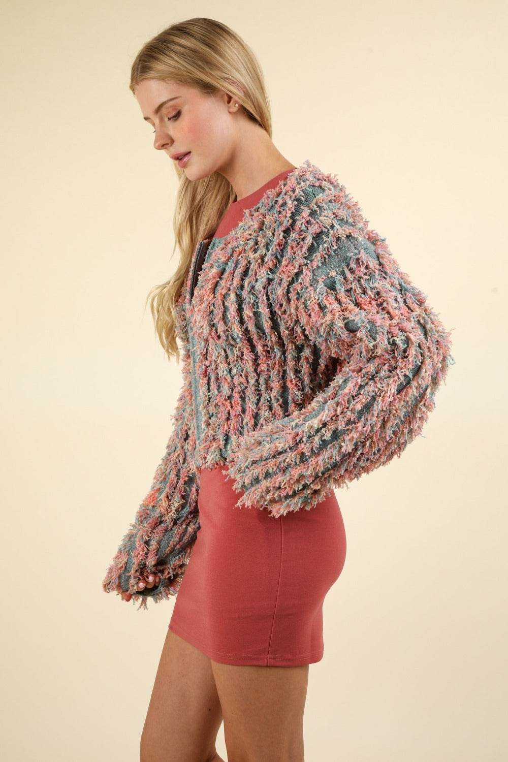 Shaggy yarn knit zip-up jacket in green multi, side view