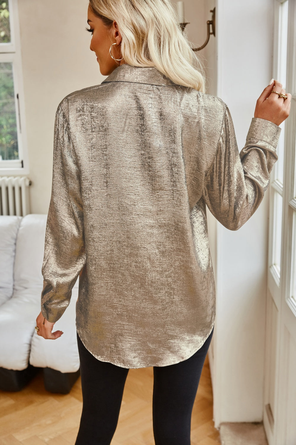 Shimmering pocketed collared neck long sleeve shirt, back view