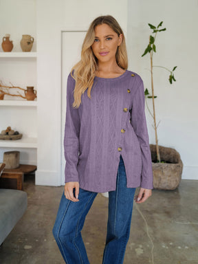 Purple slit round neck long sleeve t-shirt with buttons