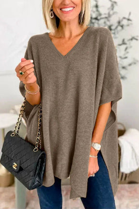 Coffee brown slit V-neck half sleeve knit top