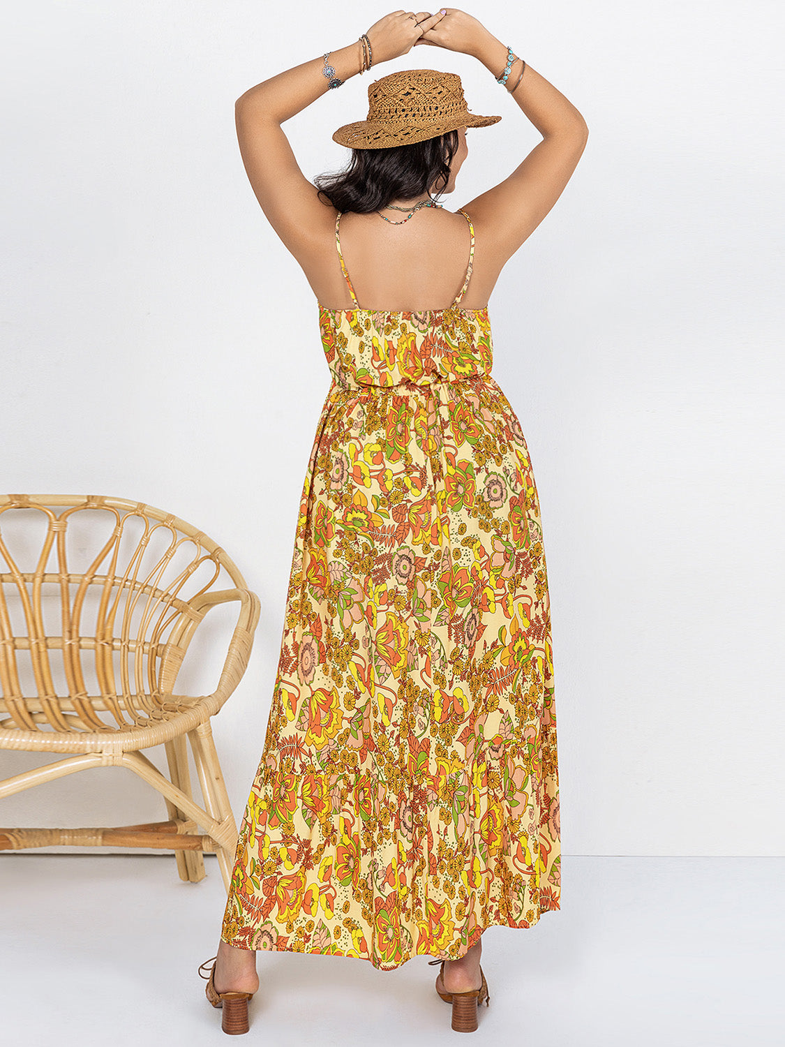 Plus size printed V-neck maxi cami dress, back view