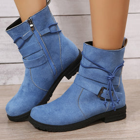 Sky blue suede side zip round toe boots with buckle detail