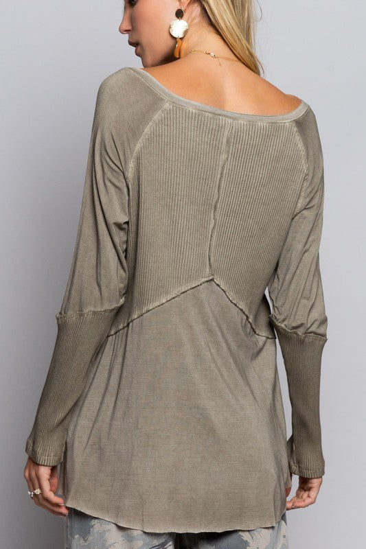 POL Light Wash Rib Textured Long Sleeve Top