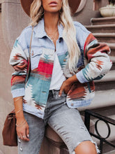 Geometric button up denim jacket with colorful patterns