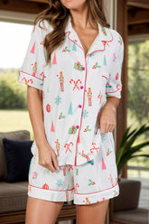 Front view of candy cane printed lounge set