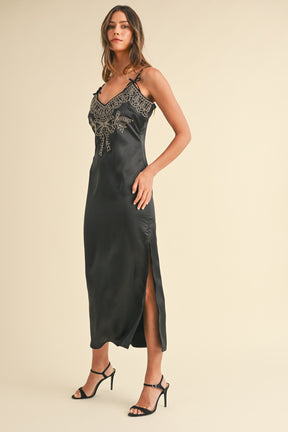 Mable embroidered cami satin midi slit dress side view