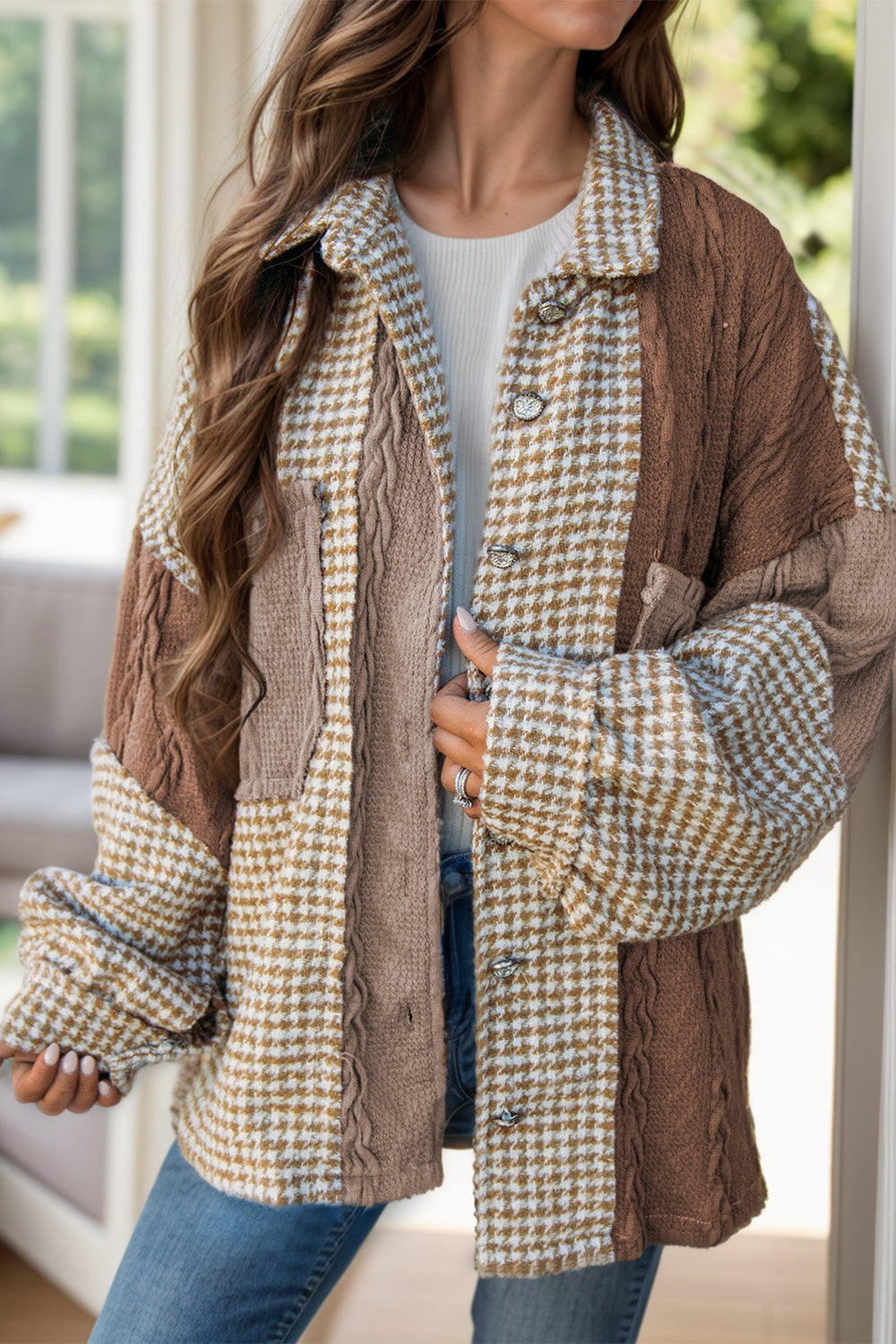 Brown color block collared jacket with pockets, front view