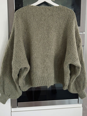 Back view of army green dropped shoulder cardigan