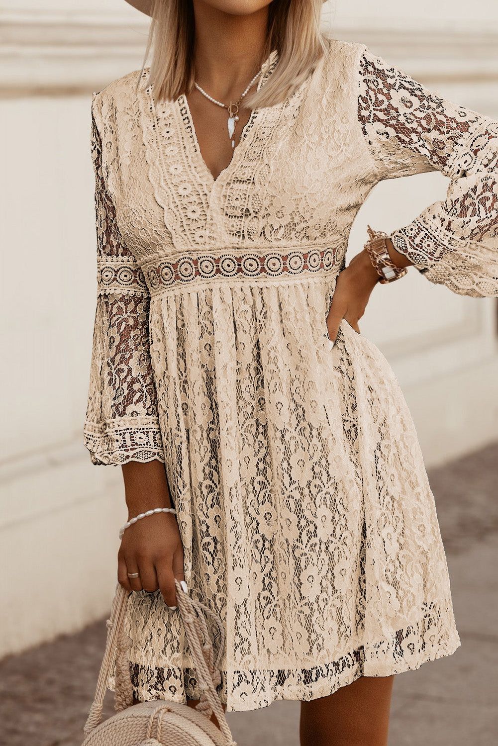 Lace V-neck three-quarter sleeve dress, front view