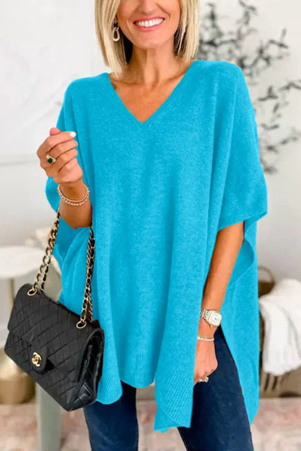 Cerulean slit V-neck half sleeve knit top