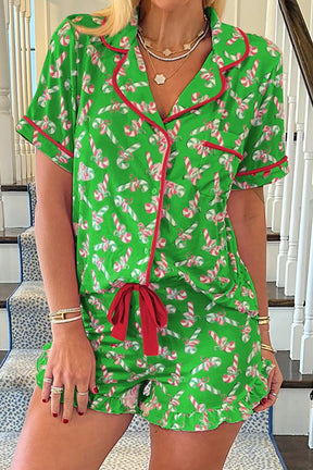 Green candy cane collared neck lounge set with shorts