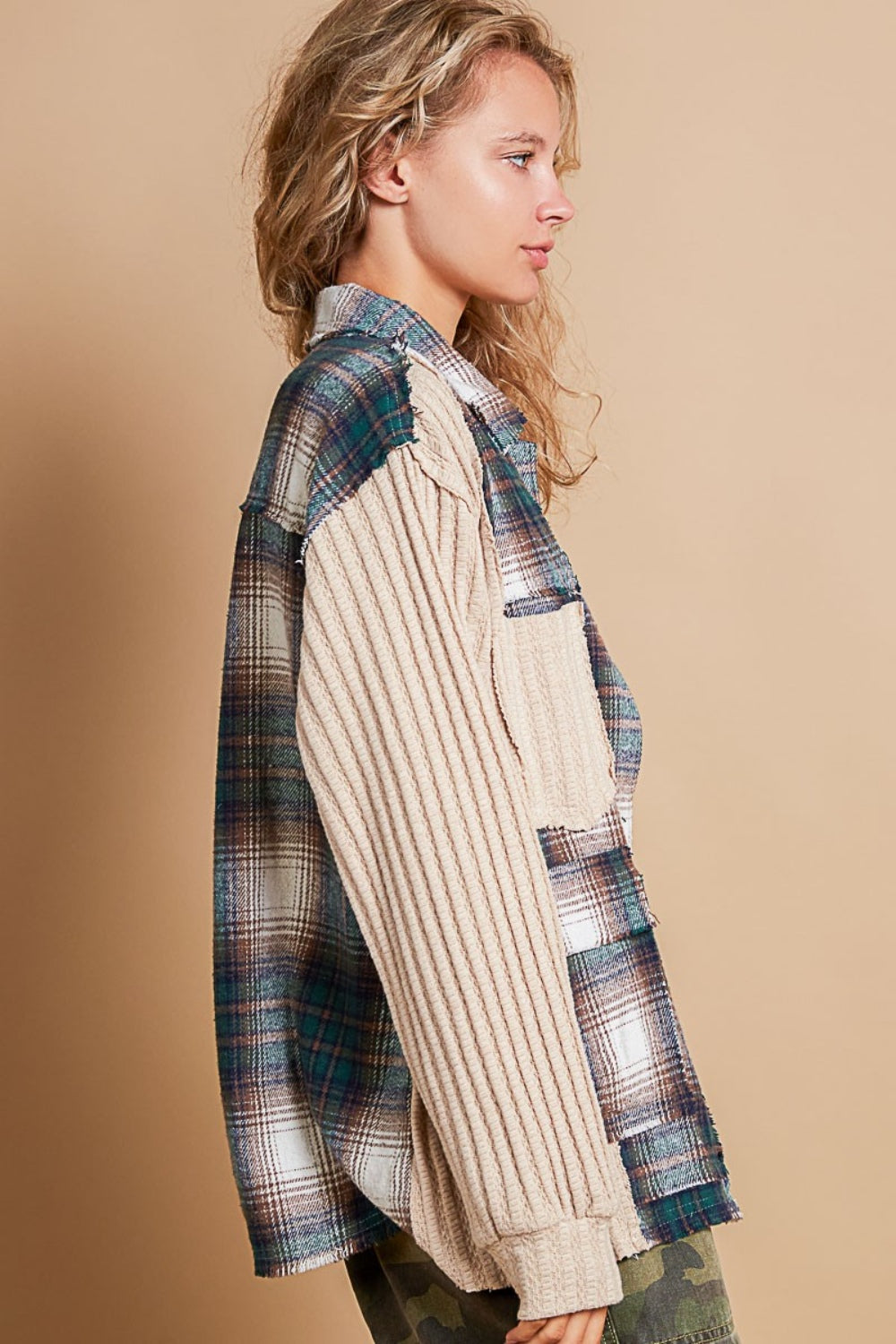 POL plaid contrast button down shacket side view